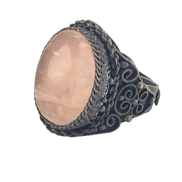 Chinese Export 1890 to 1920 Antique Rose Quartz Cabochon Oval Ring Filigree Adju - Picture 1 of 10